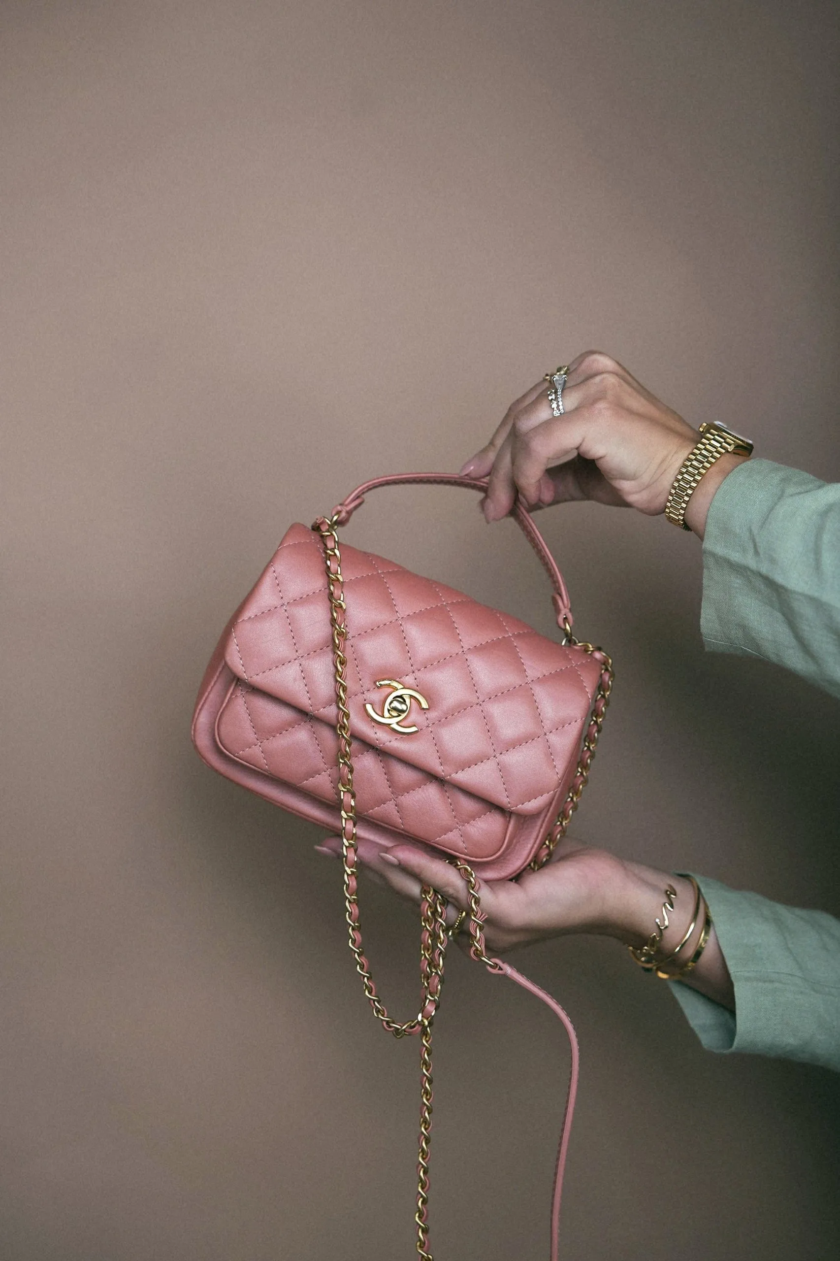20C Pink Lambskin Quilted Top Handle Flap Aged Gold Hardware
