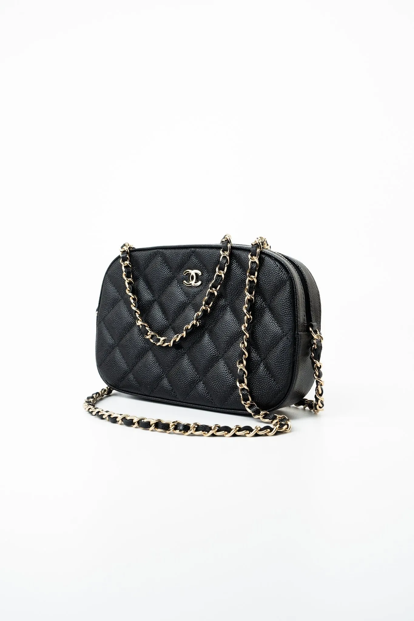 21A Black Caviar Quilted Camera Case Gold Hardware