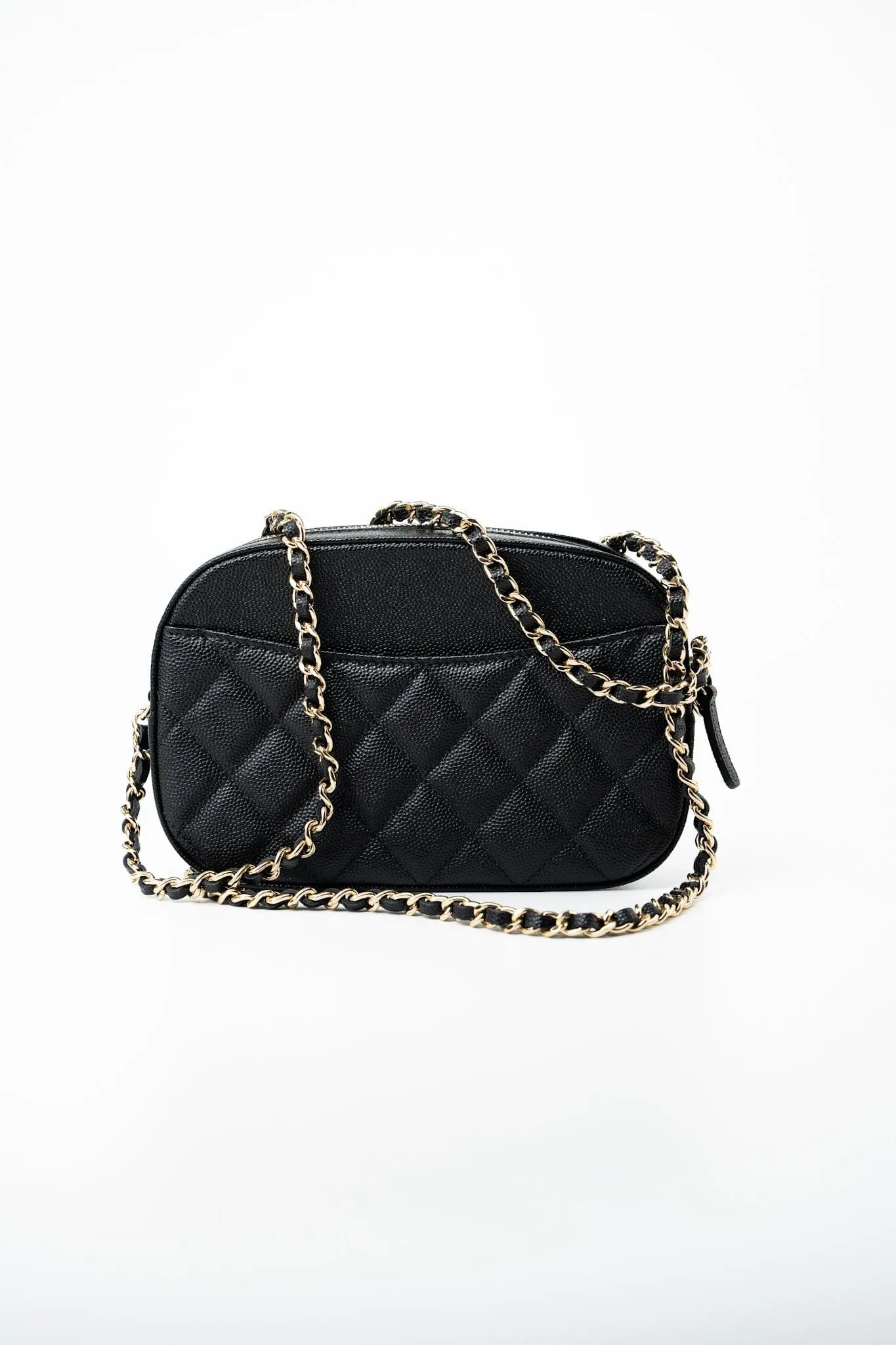 21A Black Caviar Quilted Camera Case Gold Hardware