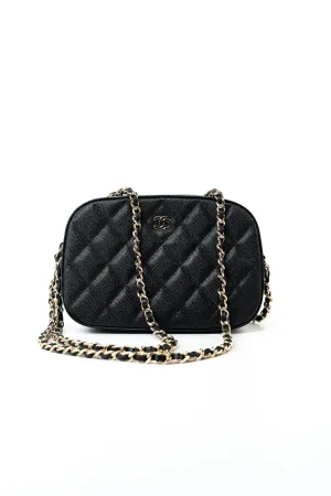 21A Black Caviar Quilted Camera Case Gold Hardware