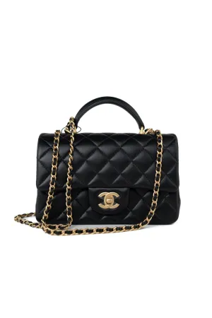 21A Black Lambskin Quilted Mini Top Handle Antique Gold Hardware