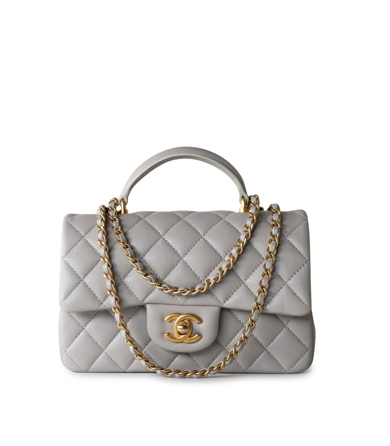 21A Grey Lambskin Quilted Mini Top Handle Antique Gold Hardware