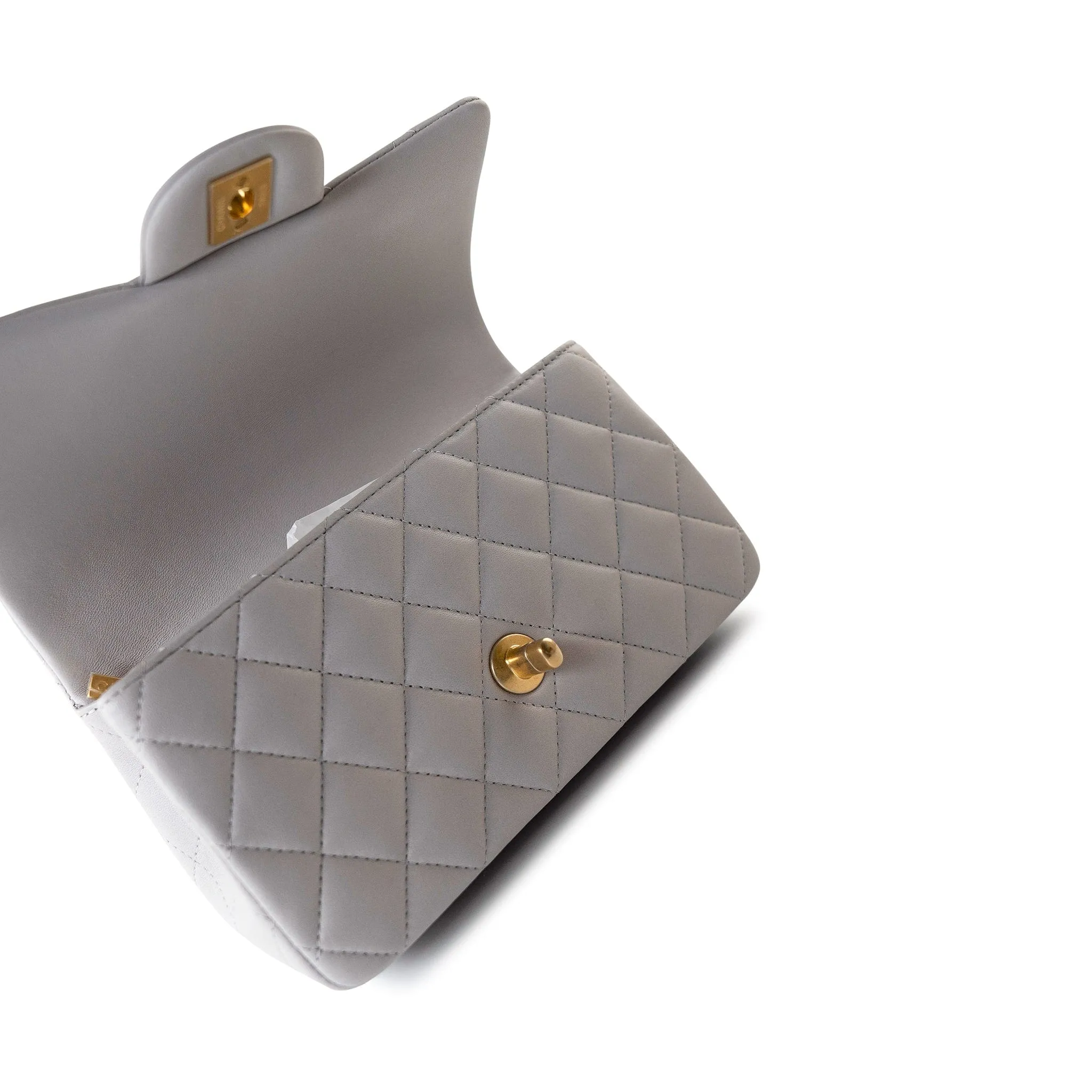 21A Grey Lambskin Quilted Mini Top Handle Antique Gold Hardware
