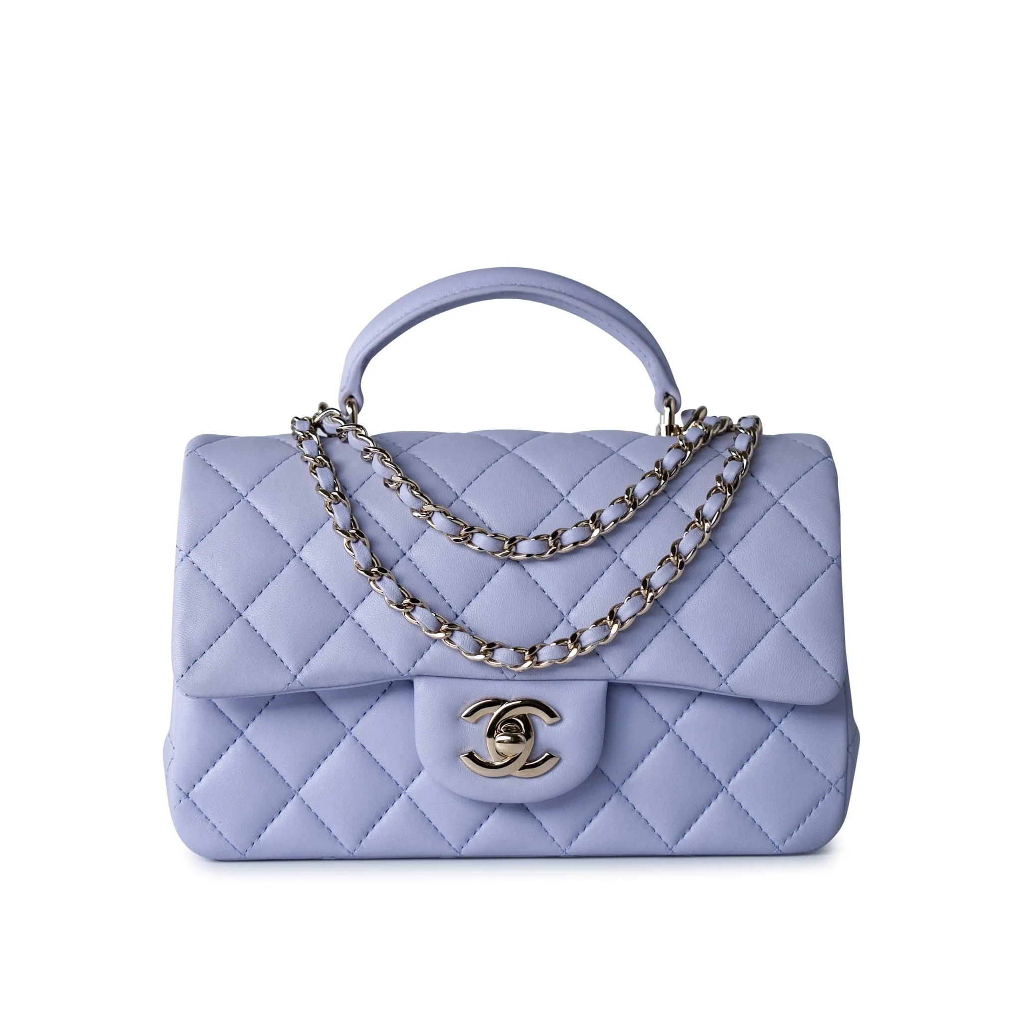 21k Lavender/ Light Purple Lambskin Quilted Mini Top Handle Light Gold Hardware
