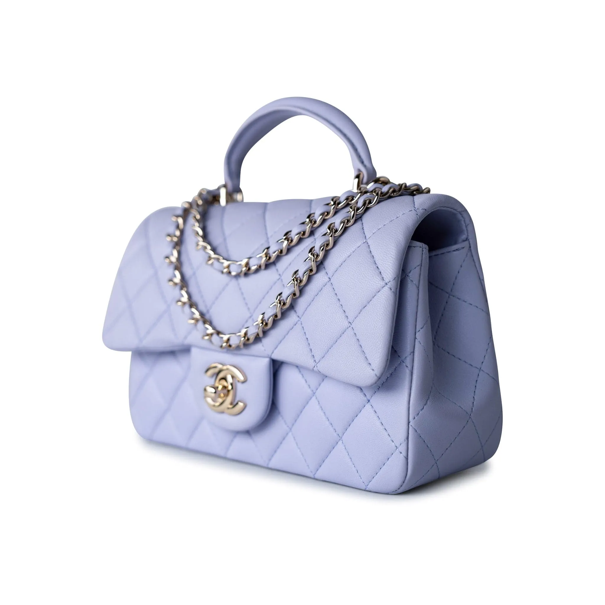 21k Lavender/ Light Purple Lambskin Quilted Mini Top Handle Light Gold Hardware