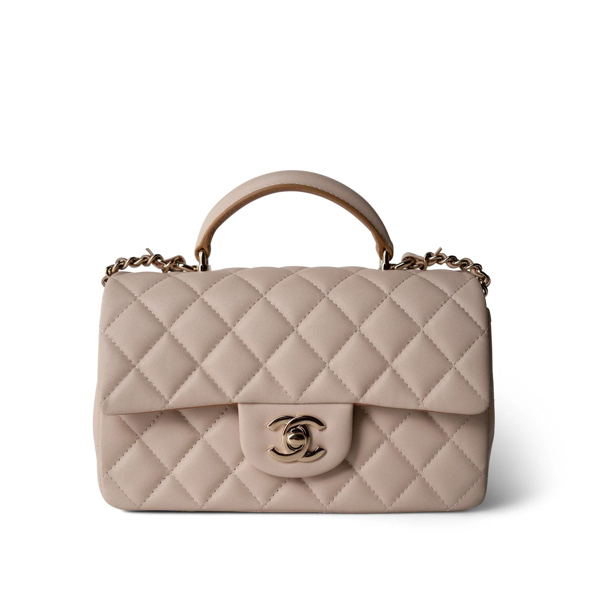 22C Light Beige / Beige Lambskin Quilted Mini Top Handle Light Gold Hardware