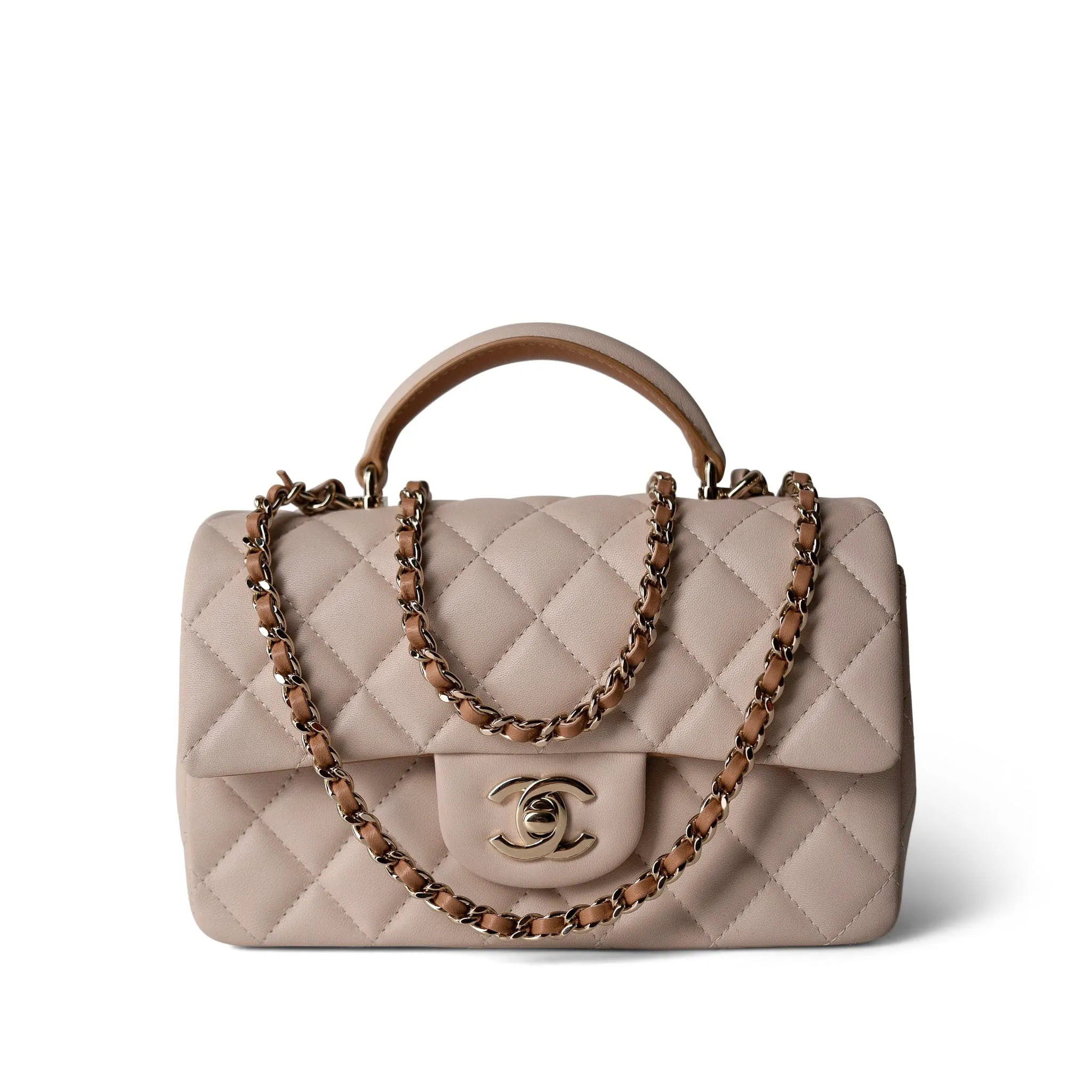 22C Light Beige / Beige Lambskin Quilted Mini Top Handle Light Gold Hardware