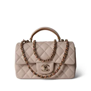 22C Light Beige / Beige Lambskin Quilted Mini Top Handle Light Gold Hardware