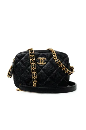 22P Black Caviar Quilted Melody Chain Camera Bag Aged Gold Hardware