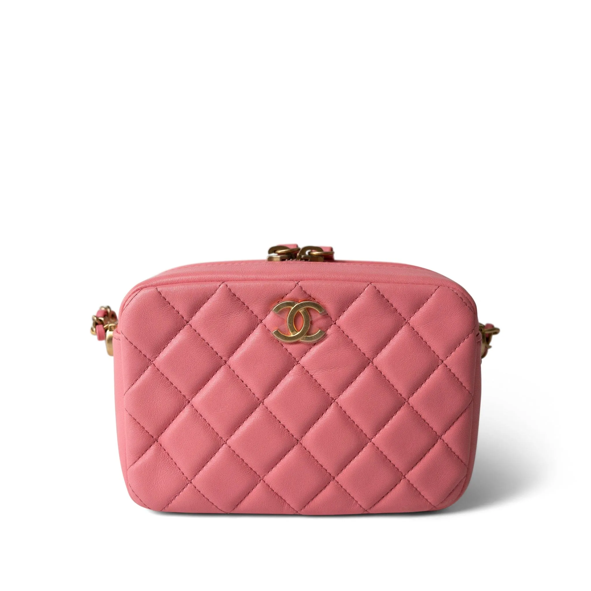 22S Pink Lambskin Quilted Camera Case Aged Gold Hardware