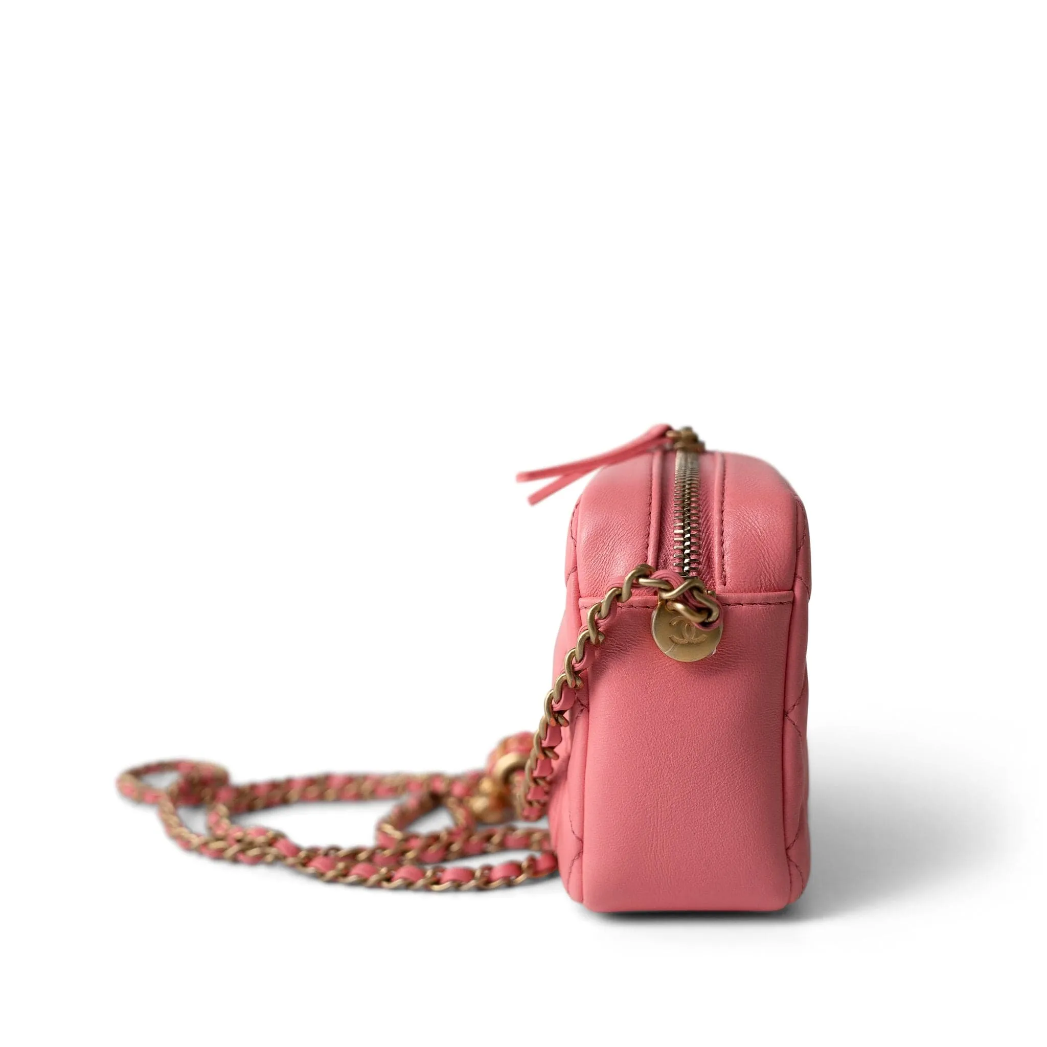 22S Pink Lambskin Quilted Camera Case Aged Gold Hardware