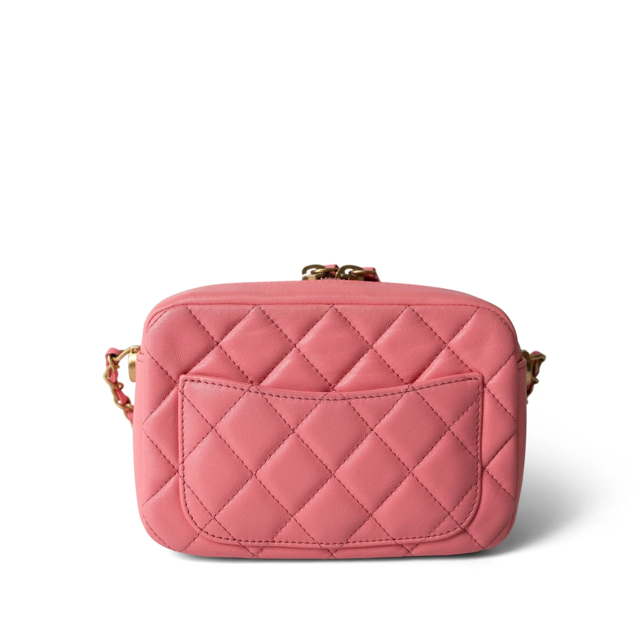 22S Pink Lambskin Quilted Camera Case Aged Gold Hardware