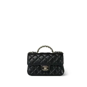 23A Black Lambskin Quilted Mini Crystal Top Handle Light Gold Hardware