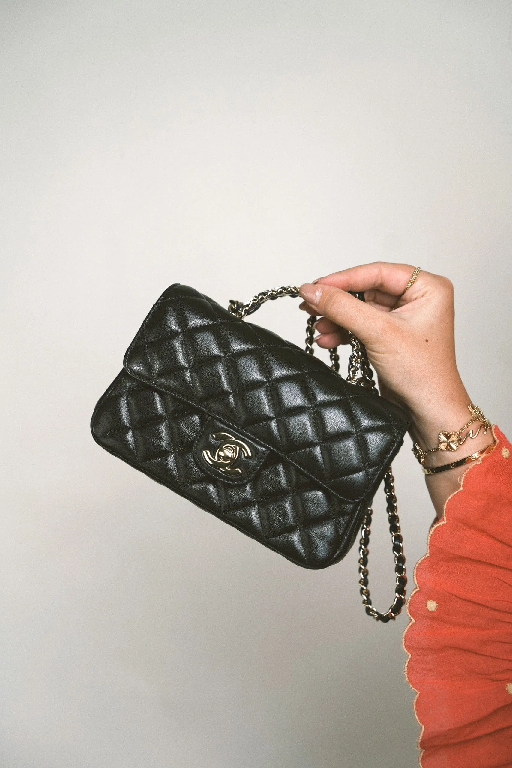 23A Black Lambskin Quilted Mini Crystal Top Handle Light Gold Hardware