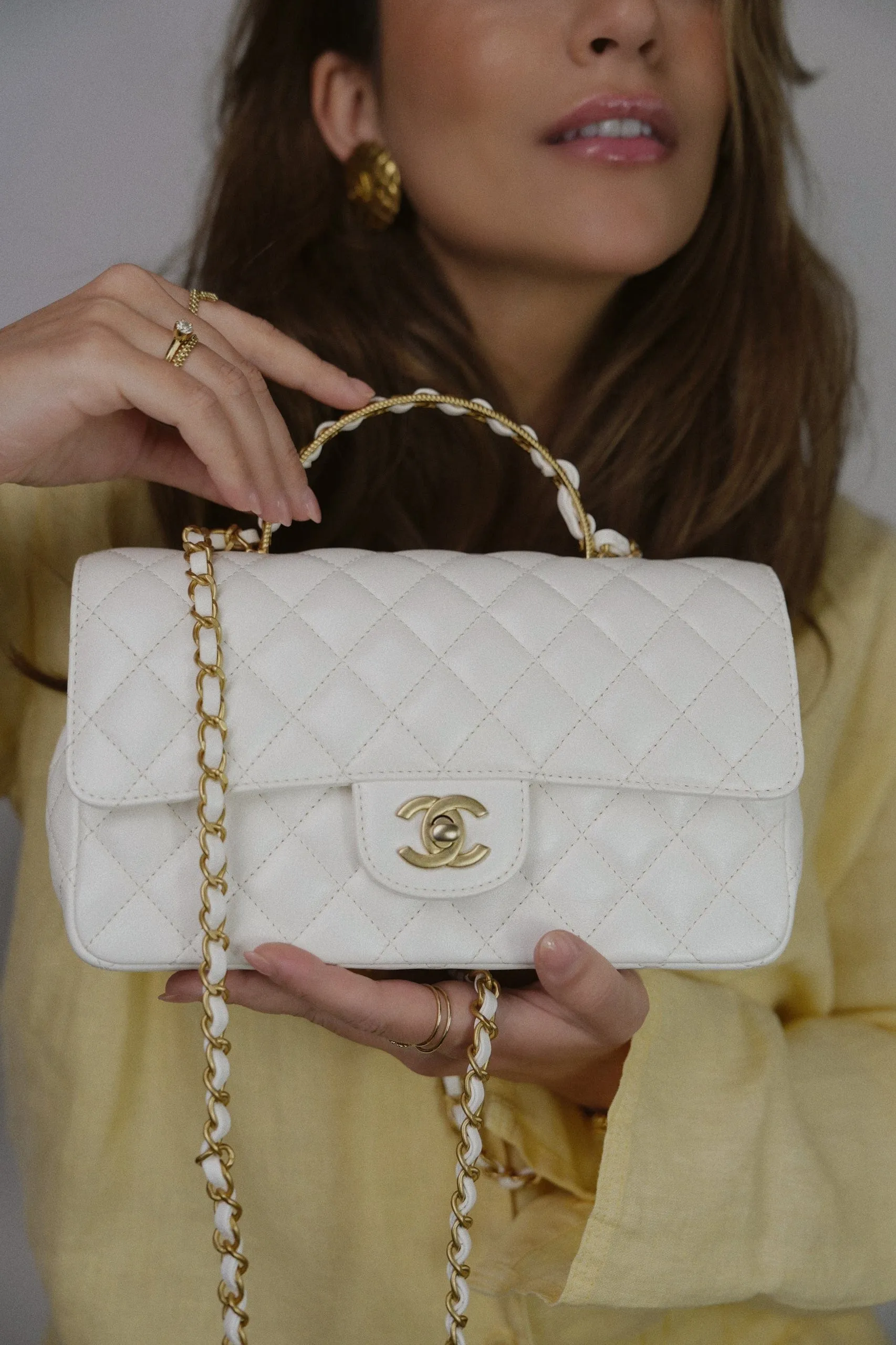23K White Calfskin Quilted Crystal Top Handle Aged Gold Hardware