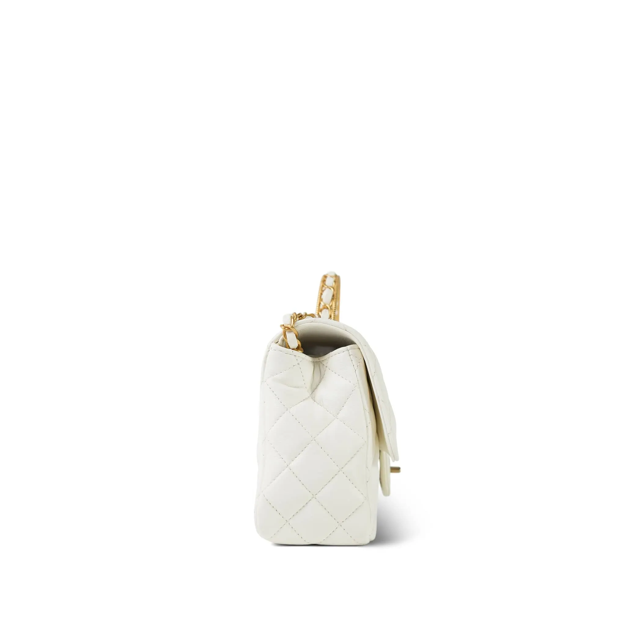 23K White Calfskin Quilted Crystal Top Handle Aged Gold Hardware