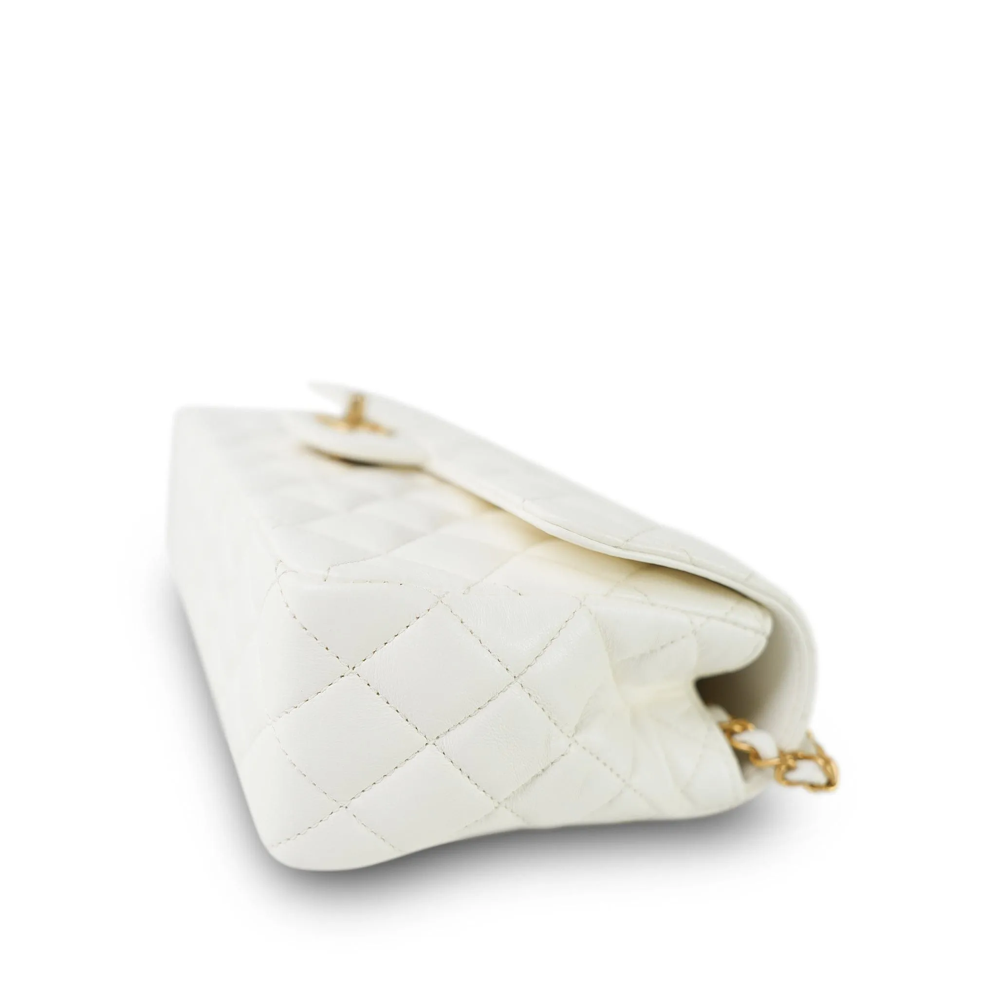 23K White Calfskin Quilted Crystal Top Handle Aged Gold Hardware