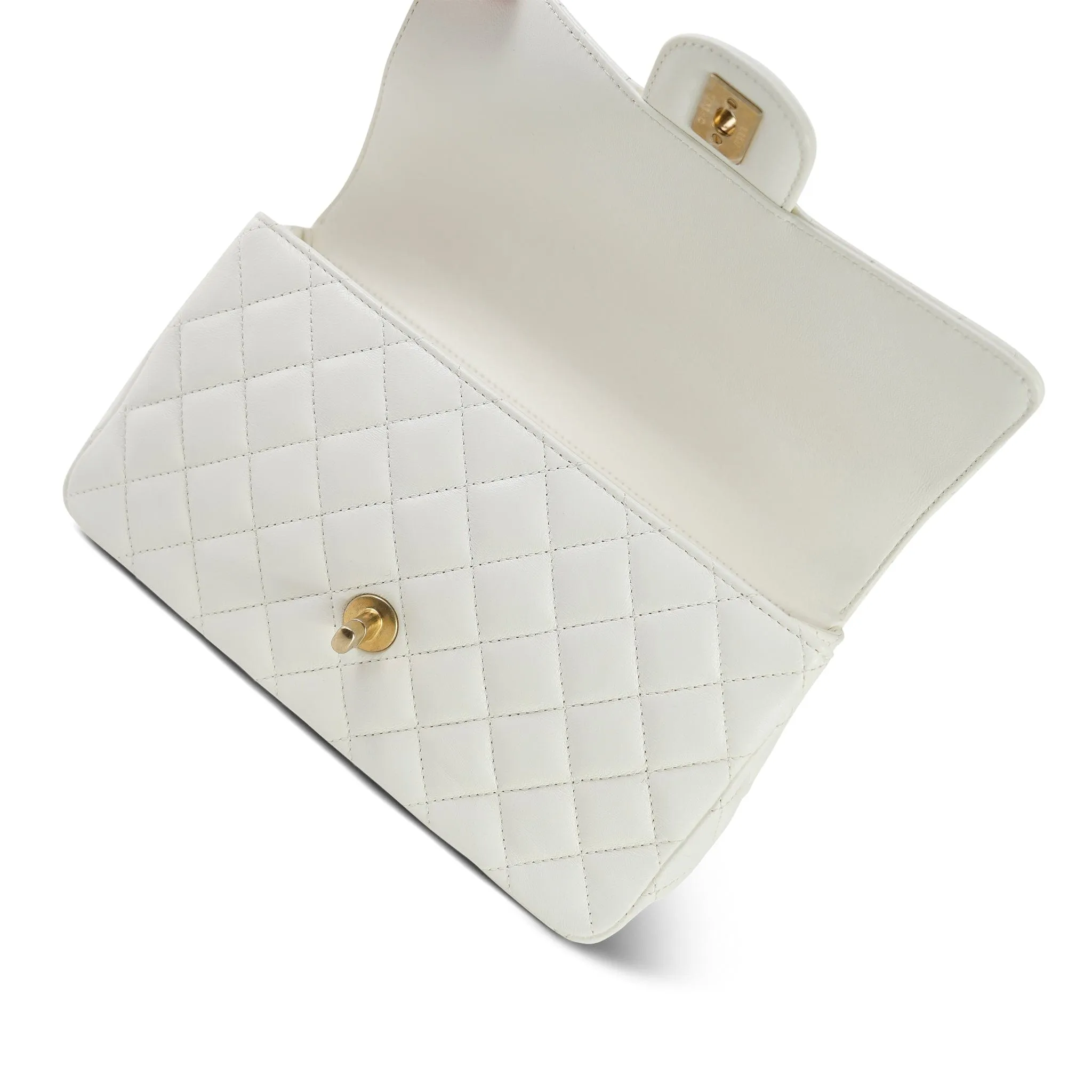 23K White Calfskin Quilted Crystal Top Handle Aged Gold Hardware