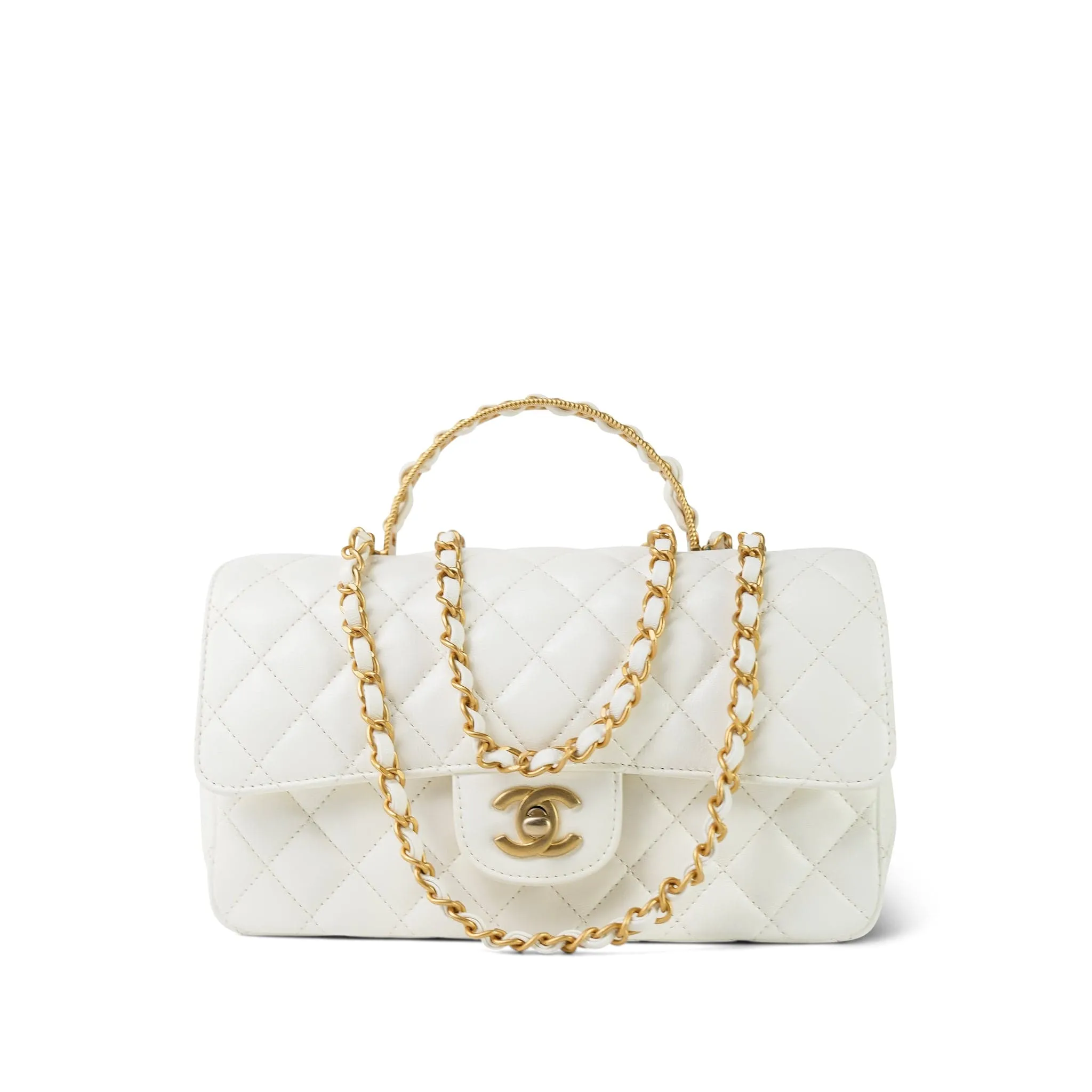 23K White Calfskin Quilted Crystal Top Handle Aged Gold Hardware