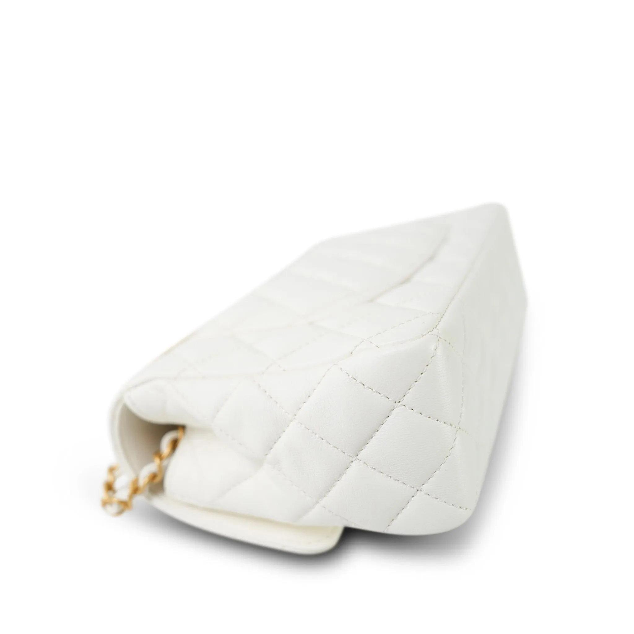 23K White Calfskin Quilted Crystal Top Handle Aged Gold Hardware