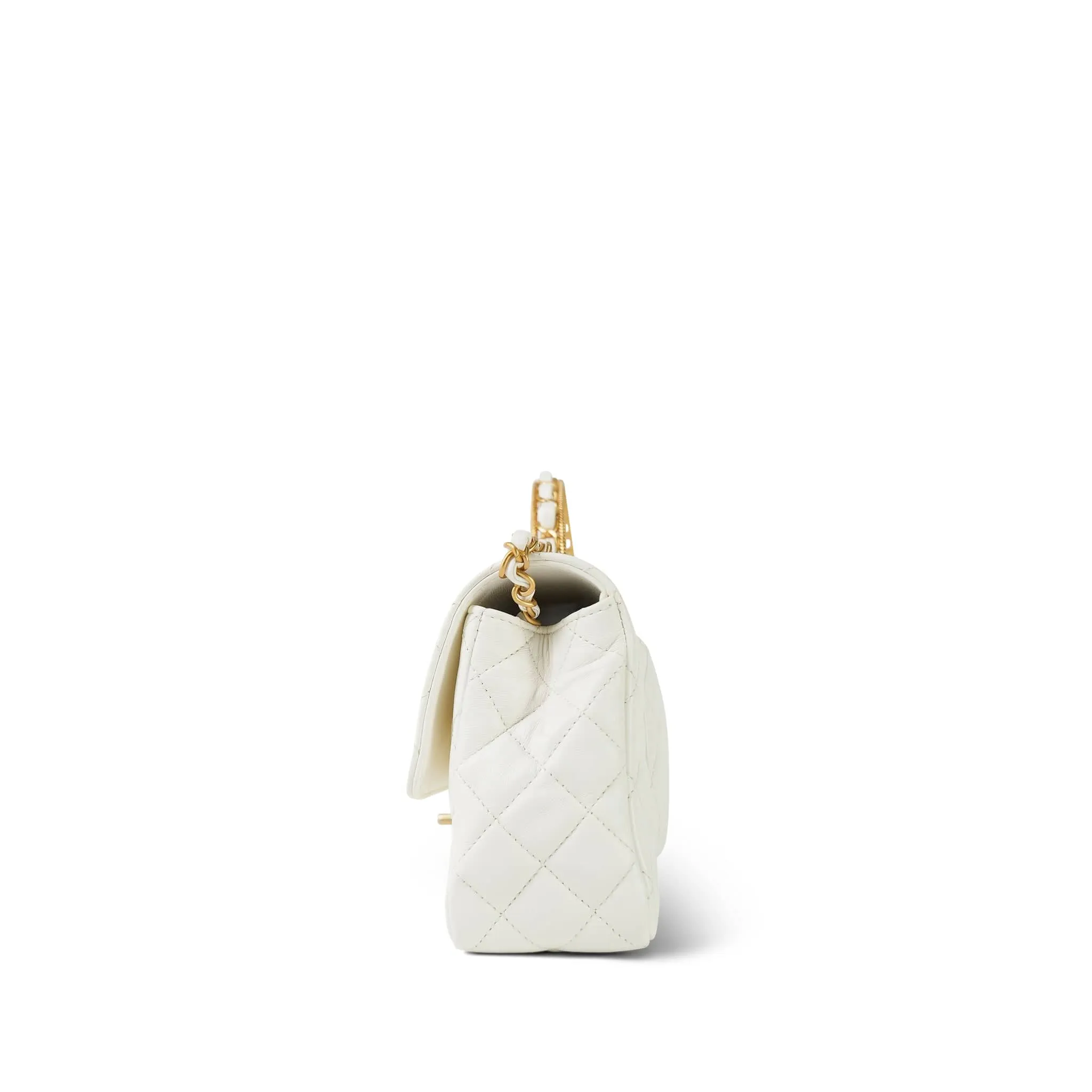 23K White Calfskin Quilted Crystal Top Handle Aged Gold Hardware