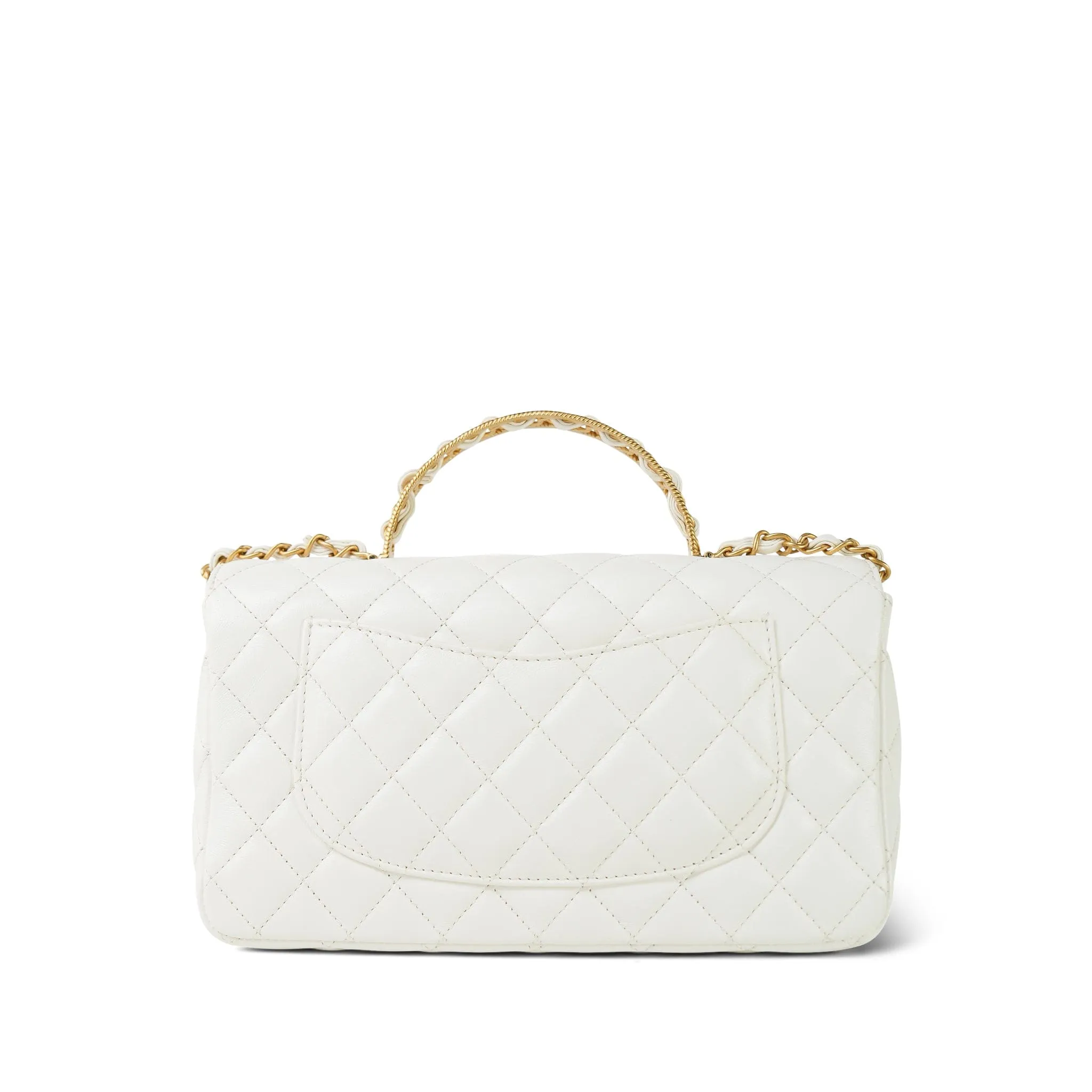 23K White Calfskin Quilted Crystal Top Handle Aged Gold Hardware