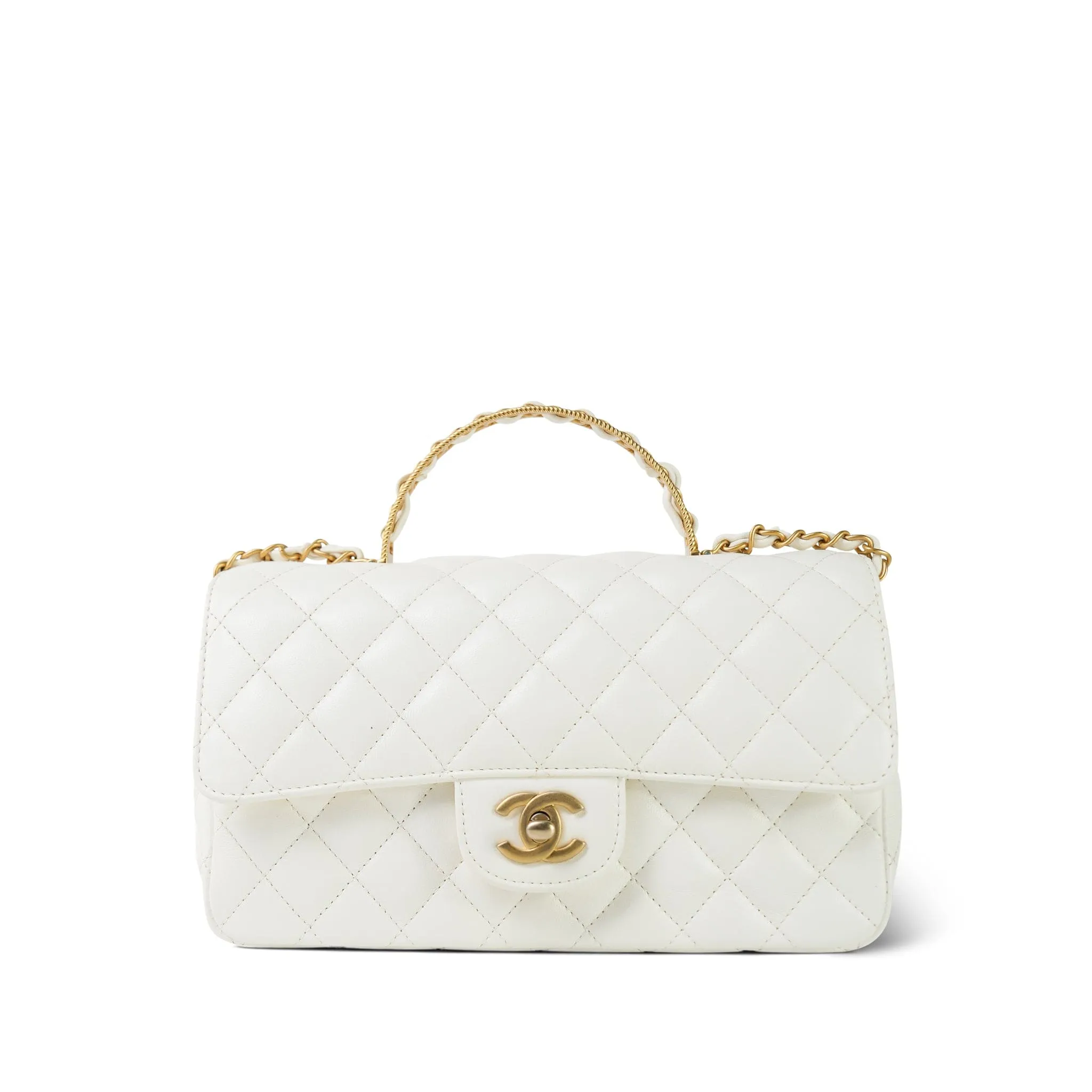 23K White Calfskin Quilted Crystal Top Handle Aged Gold Hardware