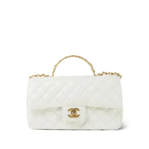 23K White Calfskin Quilted Crystal Top Handle Aged Gold Hardware