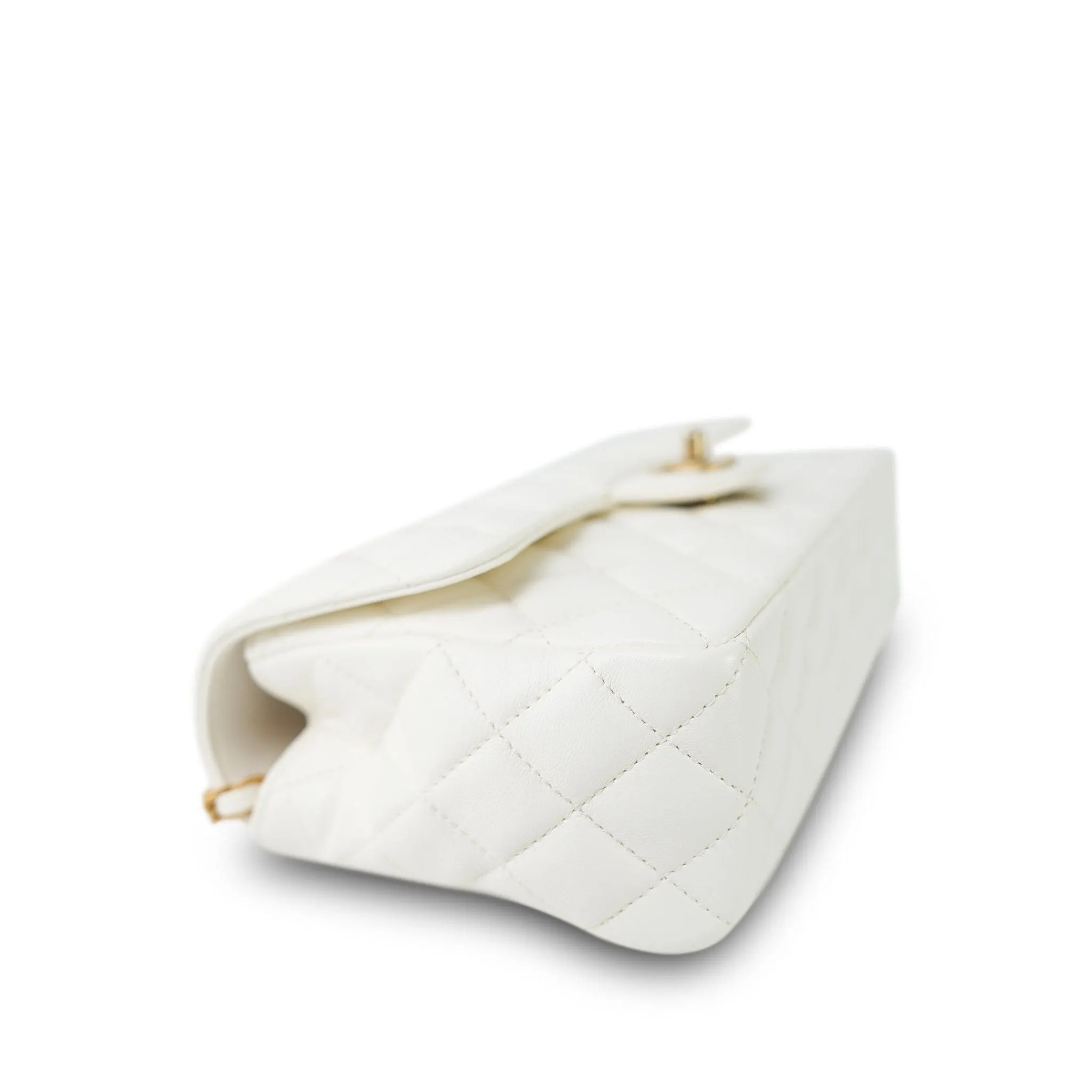 23K White Calfskin Quilted Crystal Top Handle Aged Gold Hardware