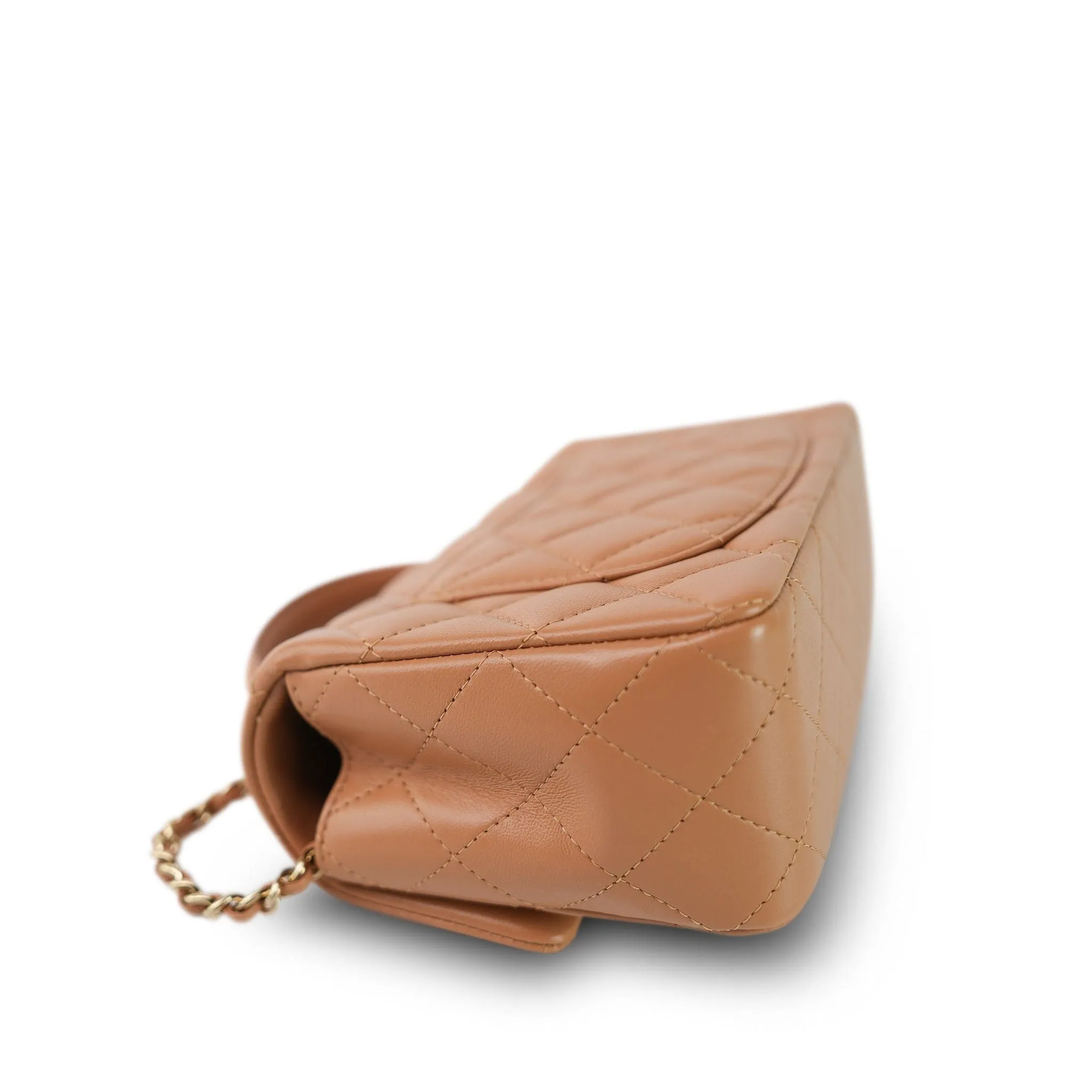 23P Light Caramel Lambskin Quilted Mini Top Handle Light Gold Hardware
