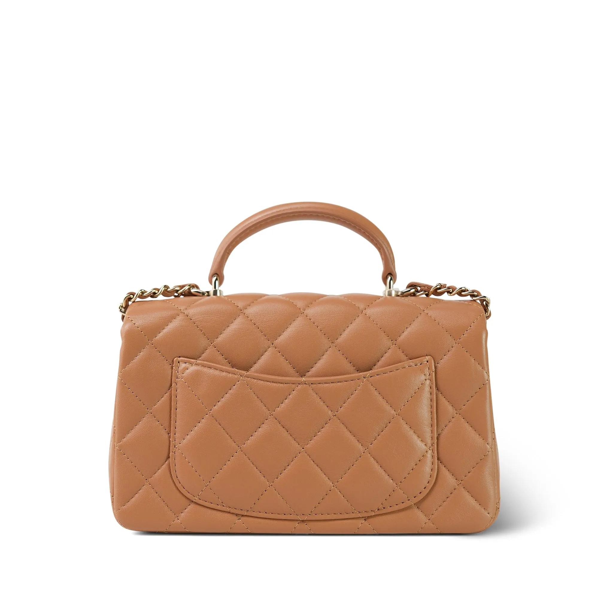 23P Light Caramel Lambskin Quilted Mini Top Handle Light Gold Hardware