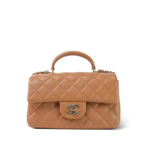 23P Light Caramel Lambskin Quilted Mini Top Handle Light Gold Hardware