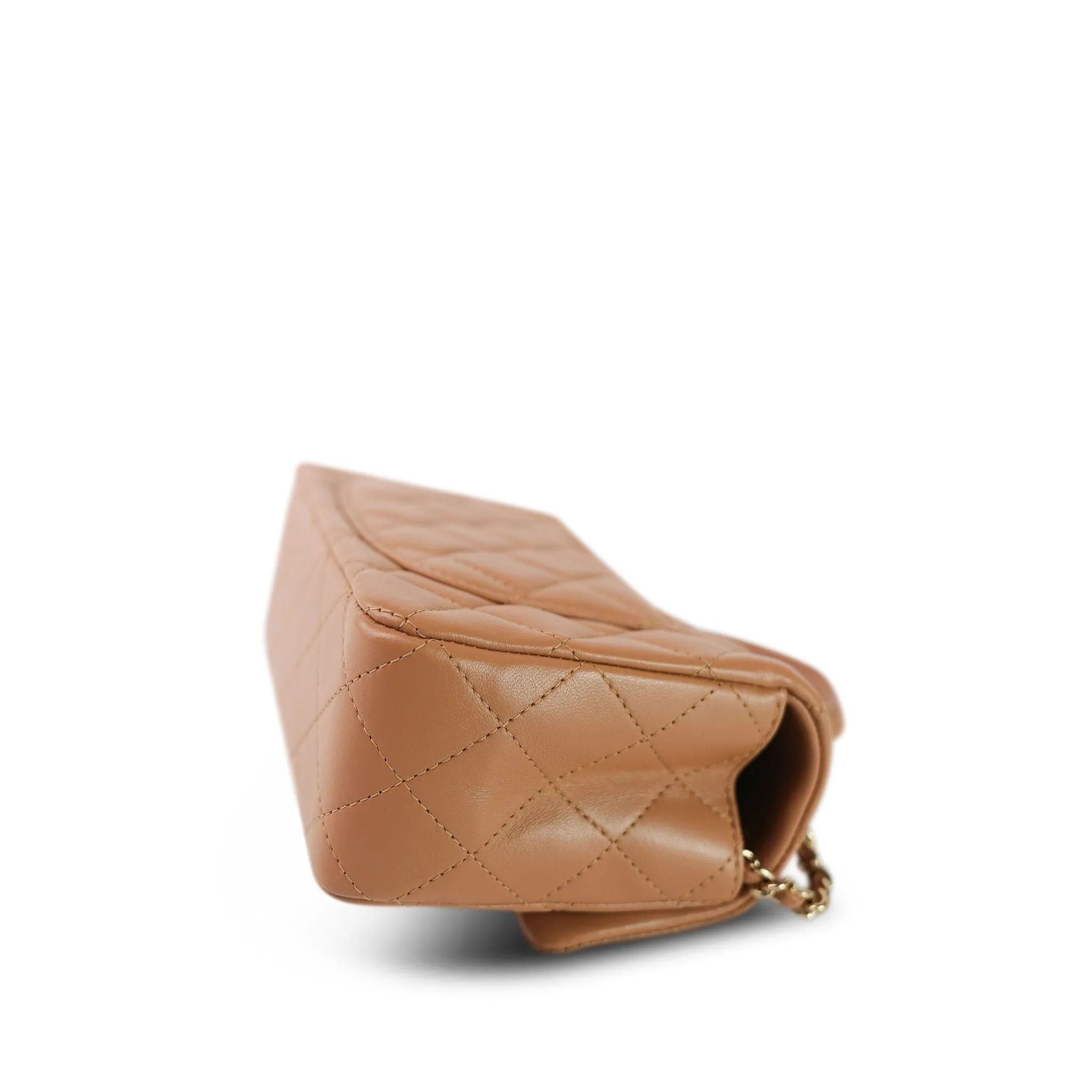 23P Light Caramel Lambskin Quilted Mini Top Handle Light Gold Hardware