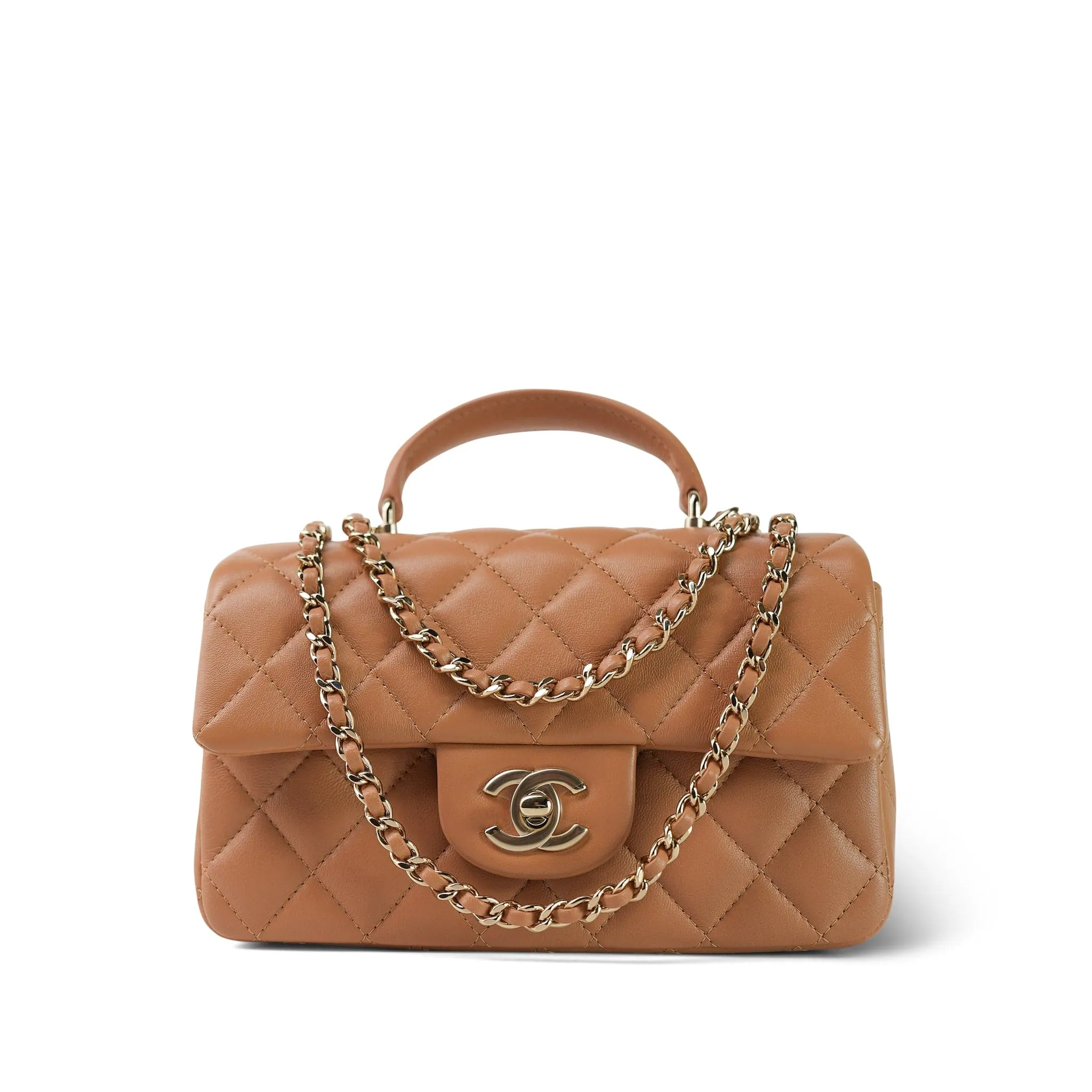 23P Light Caramel Lambskin Quilted Mini Top Handle Light Gold Hardware