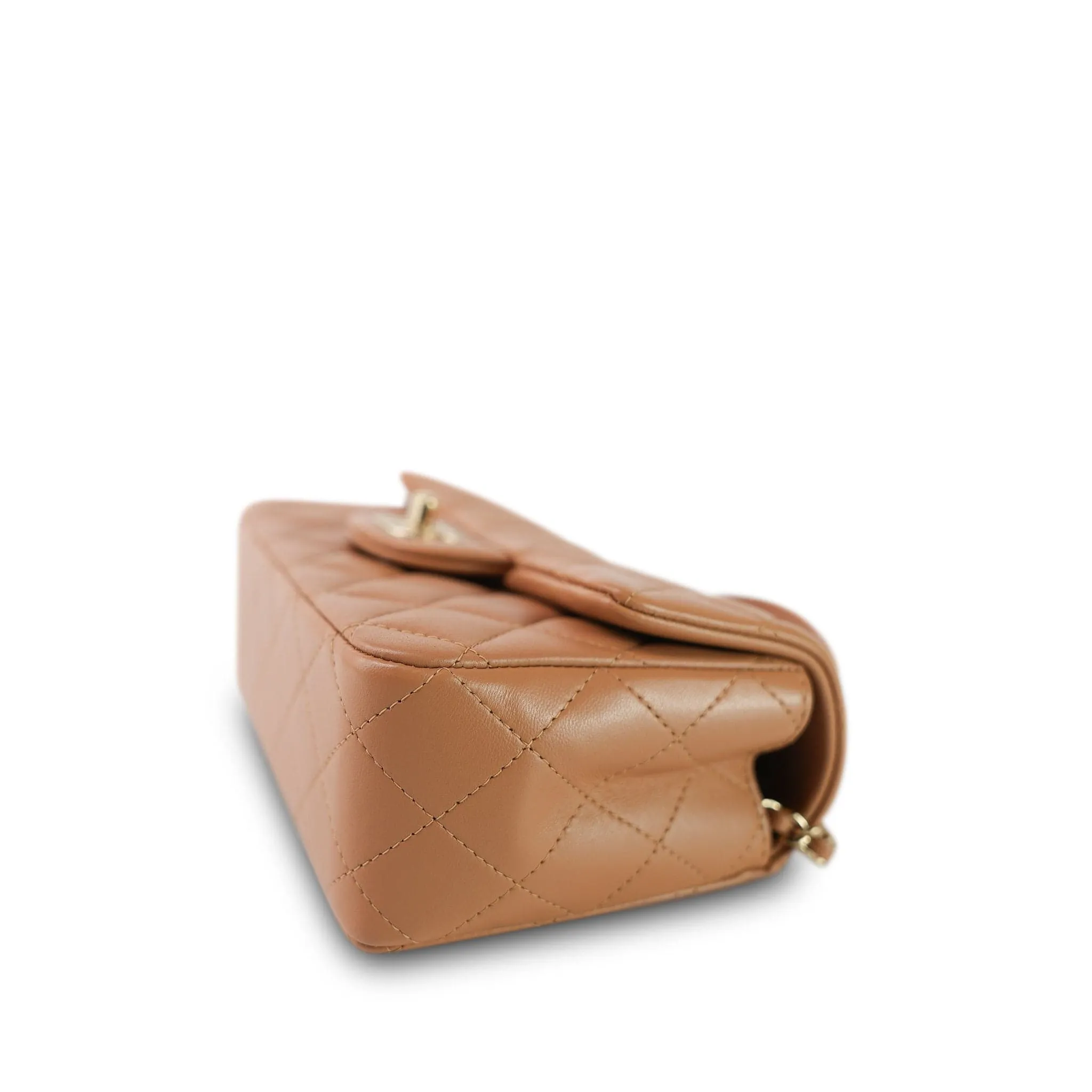 23P Light Caramel Lambskin Quilted Mini Top Handle Light Gold Hardware
