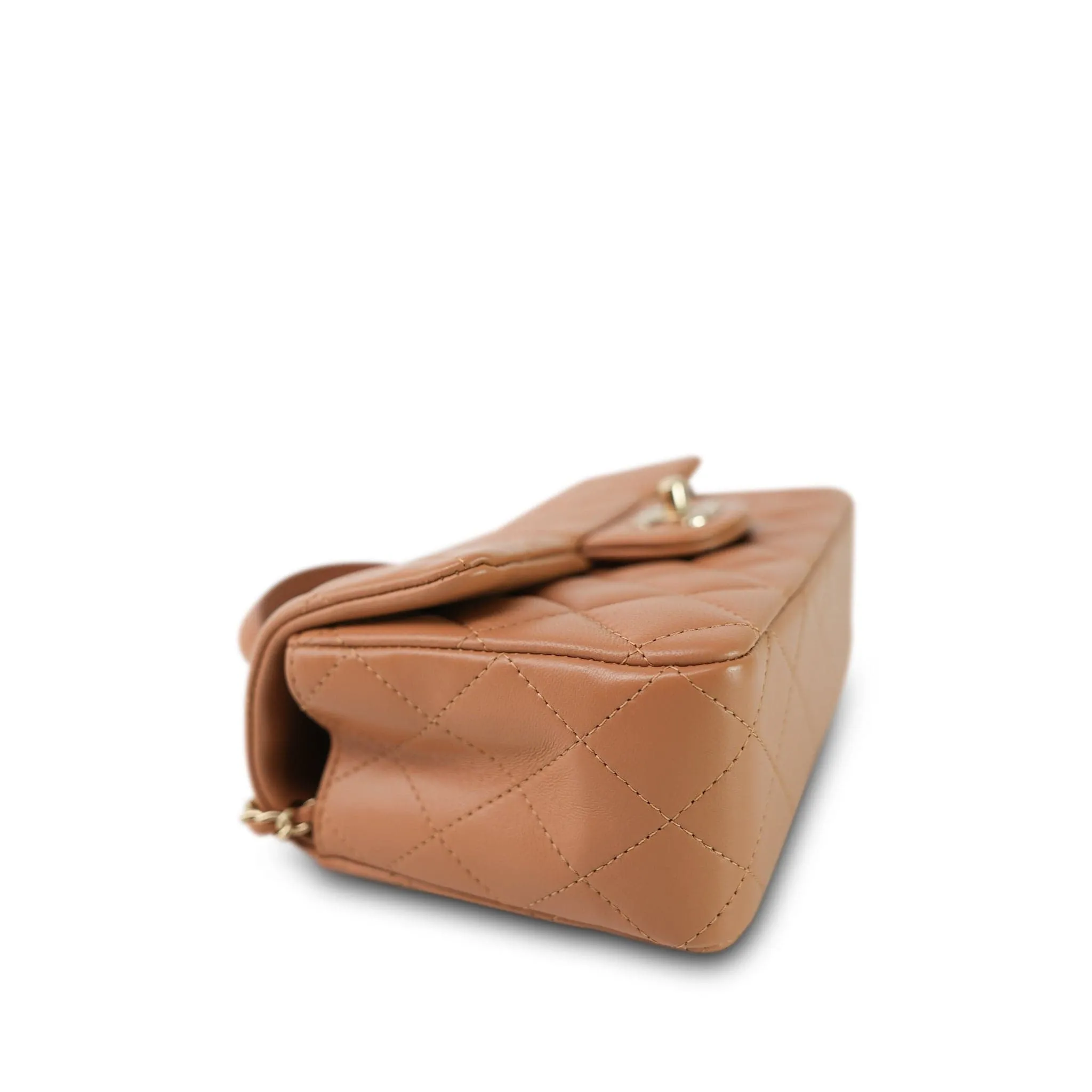 23P Light Caramel Lambskin Quilted Mini Top Handle Light Gold Hardware