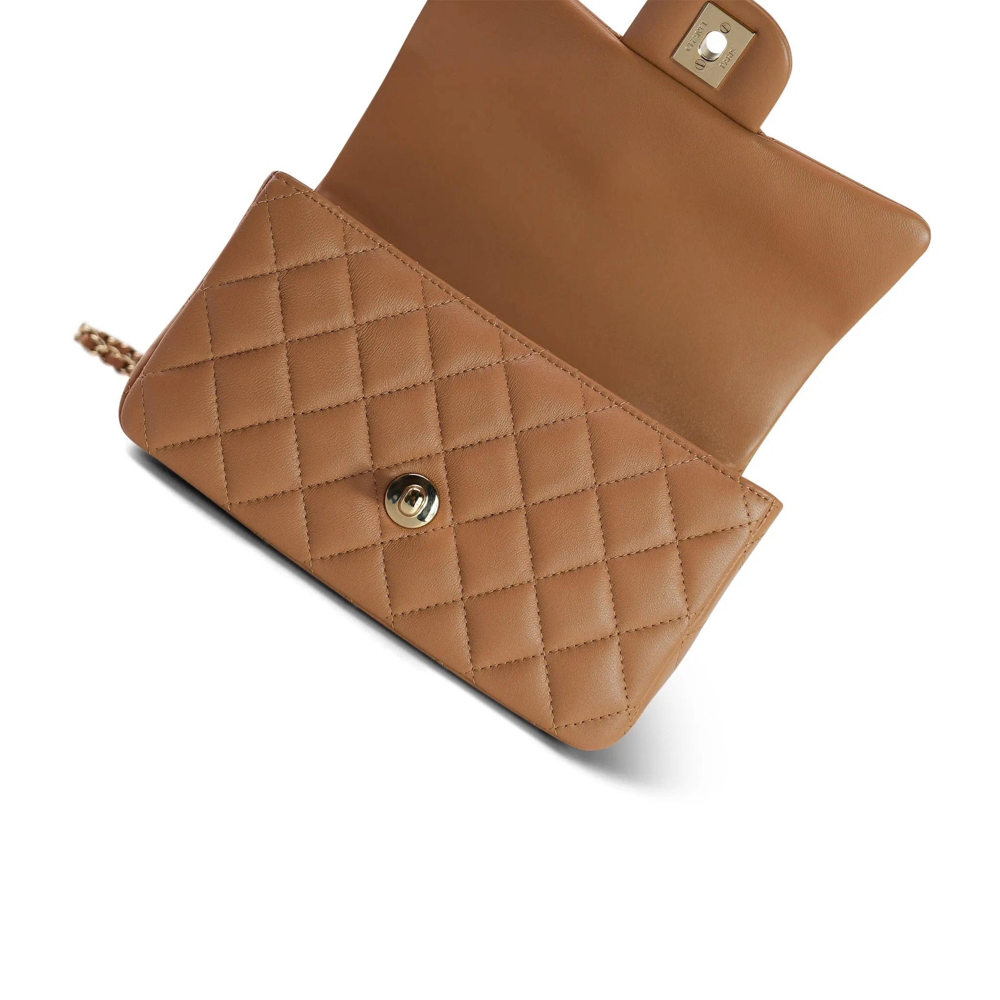 23P Light Caramel Lambskin Quilted Mini Top Handle Light Gold Hardware