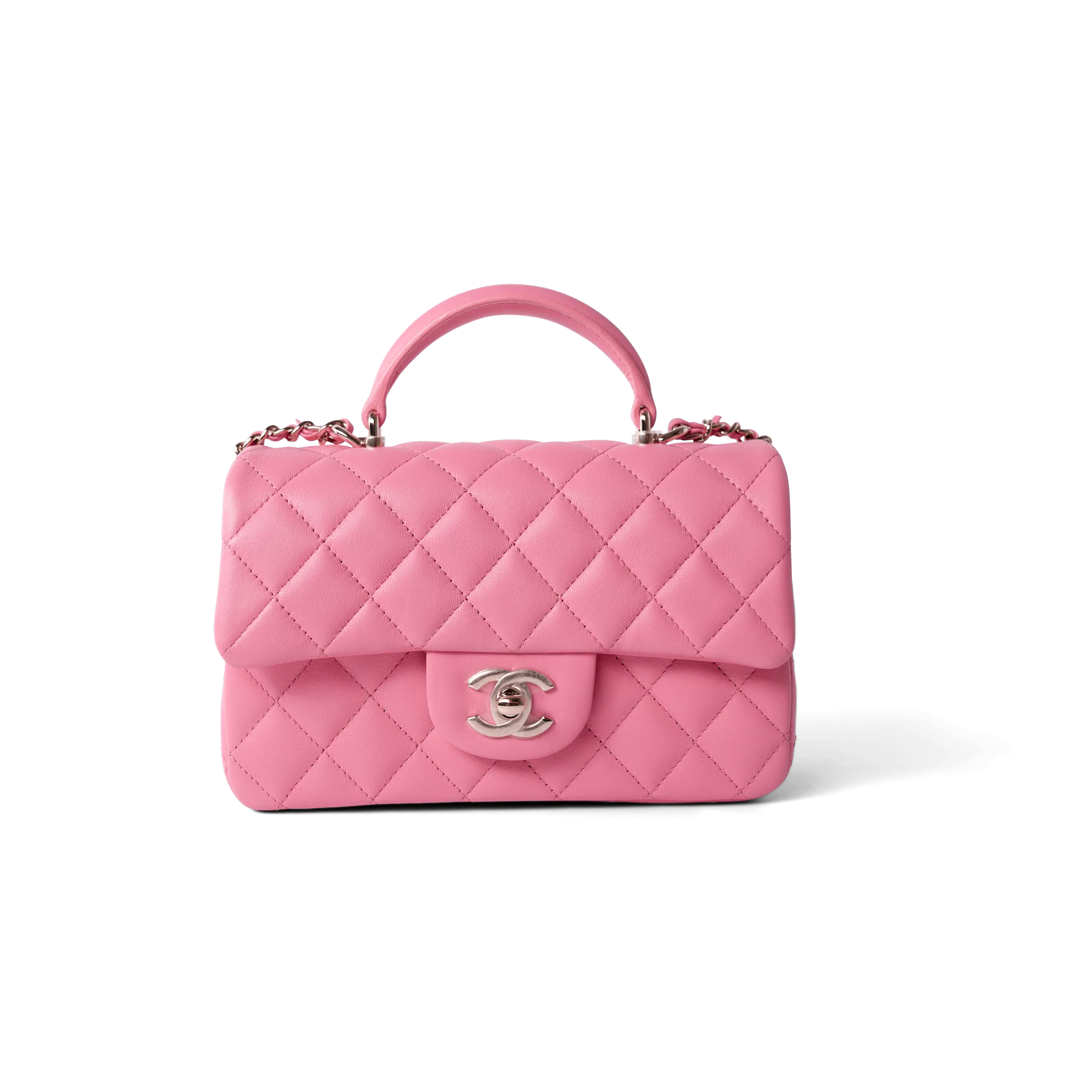 23P Pink Lambskin Quilted Mini Top Handle Light Gold Hardware