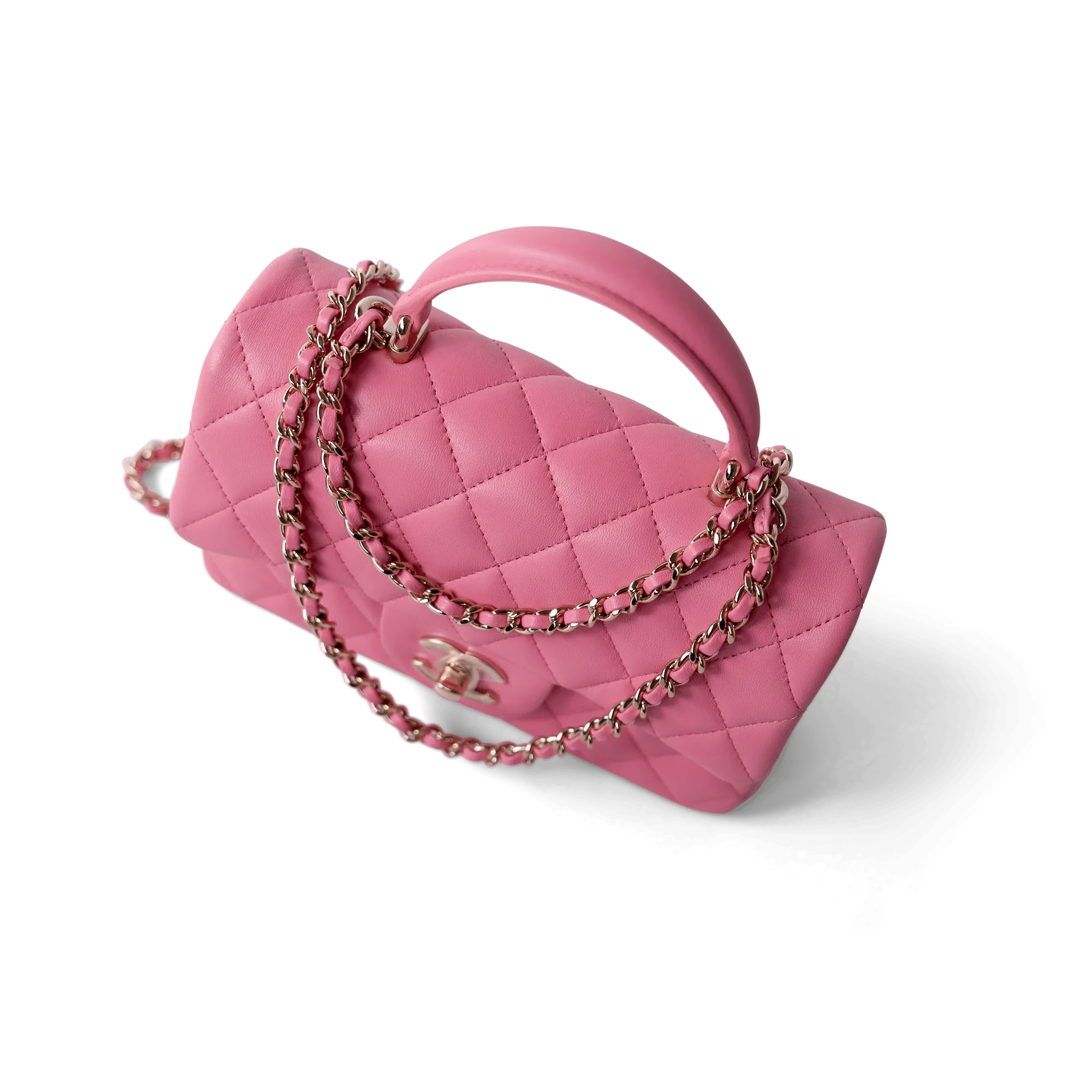 23P Pink Lambskin Quilted Mini Top Handle Light Gold Hardware