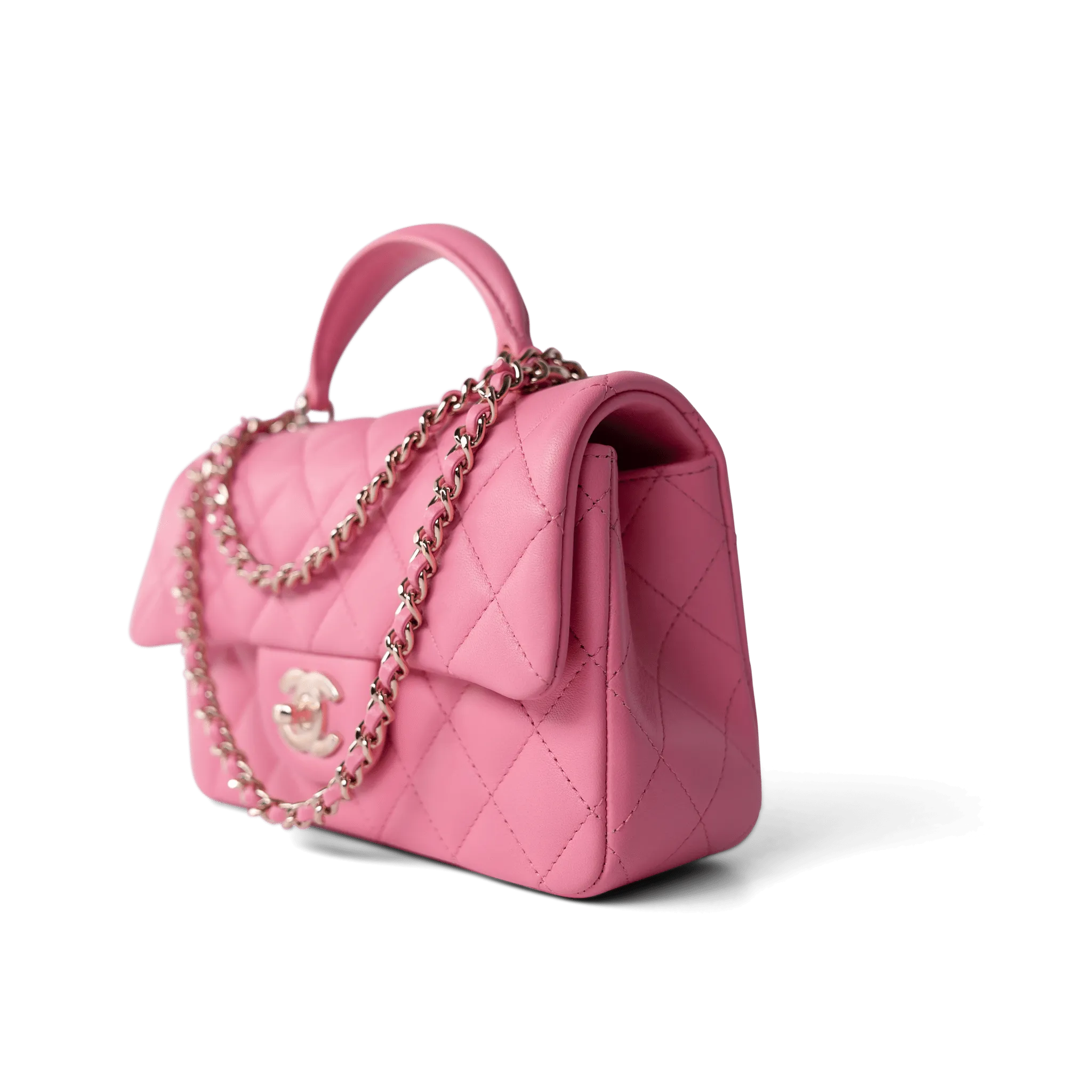 23P Pink Lambskin Quilted Mini Top Handle Light Gold Hardware