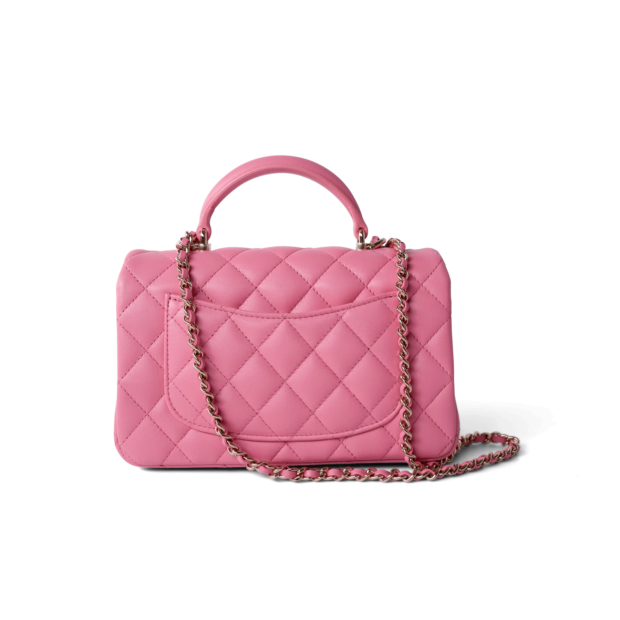 23P Pink Lambskin Quilted Mini Top Handle Light Gold Hardware