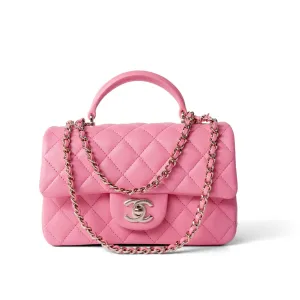 23P Pink Lambskin Quilted Mini Top Handle Light Gold Hardware