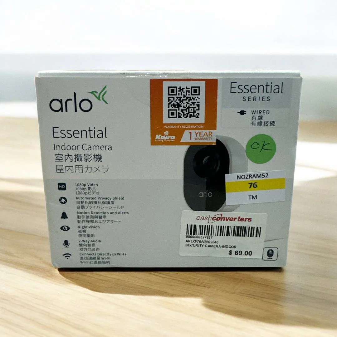 Arlo Essential Indoor Camera - 1080p Video with Privacy Shield, Plug-in, Night Vision, 2-Way Audio, Siren, Direct to WiFi No Hub Needed, Wireless Security, White - VMC2040-100APS