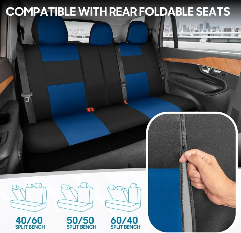 BDK PolyPro Car Seat Covers Full Set in Blue on Black  Front and Rear Split Bench Car Seat Cover, Easy to Install, Interior Covers for Auto Truck Van SUV