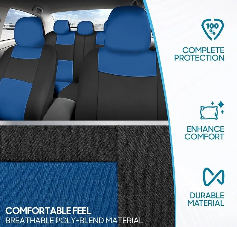 BDK PolyPro Car Seat Covers Full Set in Blue on Black  Front and Rear Split Bench Car Seat Cover, Easy to Install, Interior Covers for Auto Truck Van SUV