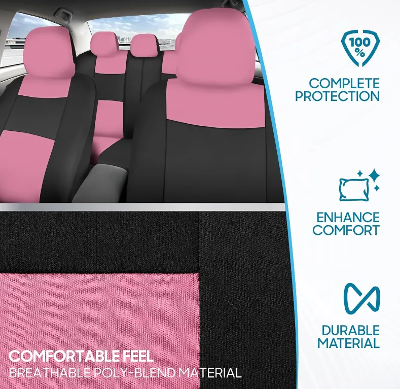BDK PolyPro Pink Car Seat Covers for Women Full Set  Front and Rear Split Bench Car Seat Cover, Easy Install with Two-Tone Accent, Interior Covers for Auto Truck Van SUV