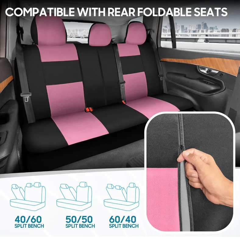 BDK PolyPro Pink Car Seat Covers for Women Full Set  Front and Rear Split Bench Car Seat Cover, Easy Install with Two-Tone Accent, Interior Covers for Auto Truck Van SUV
