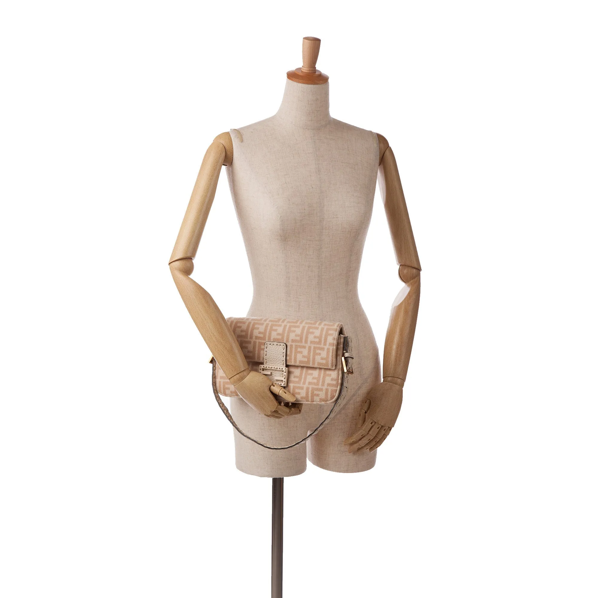 Beige Fendi Zucca Wool Selleria Baguette Shoulder Bag