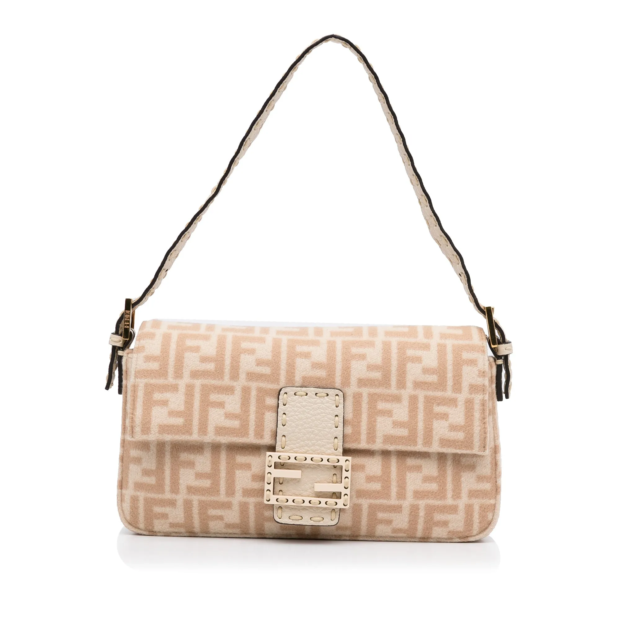 Beige Fendi Zucca Wool Selleria Baguette Shoulder Bag