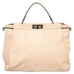 Beige/Black Leather Beads Lining Large Peekaboo Top Handle Bag